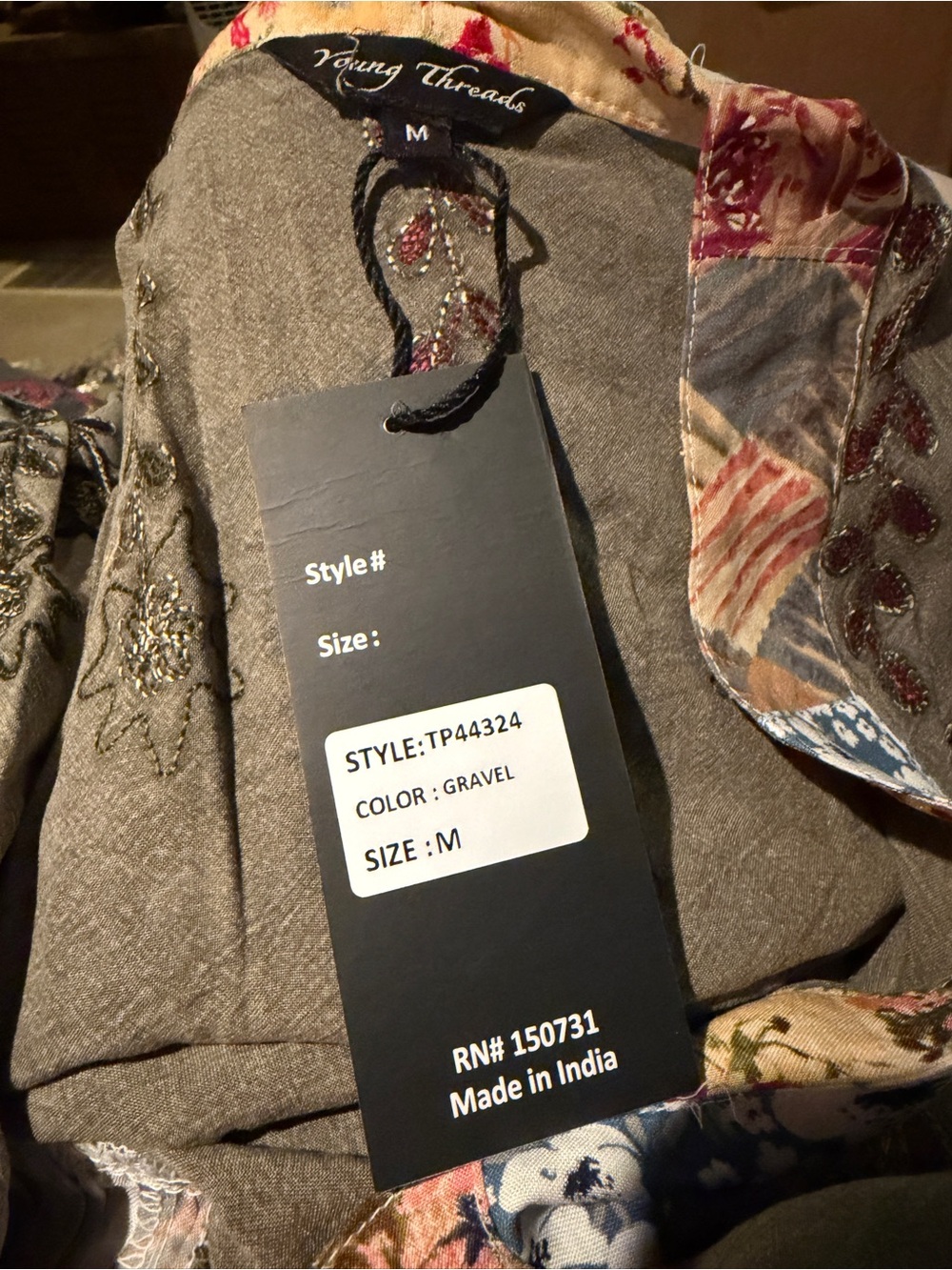 Young Threads Olive Gray Green Patchwork Floral Embroidered Kimono Jacket - Picture 5 of 6